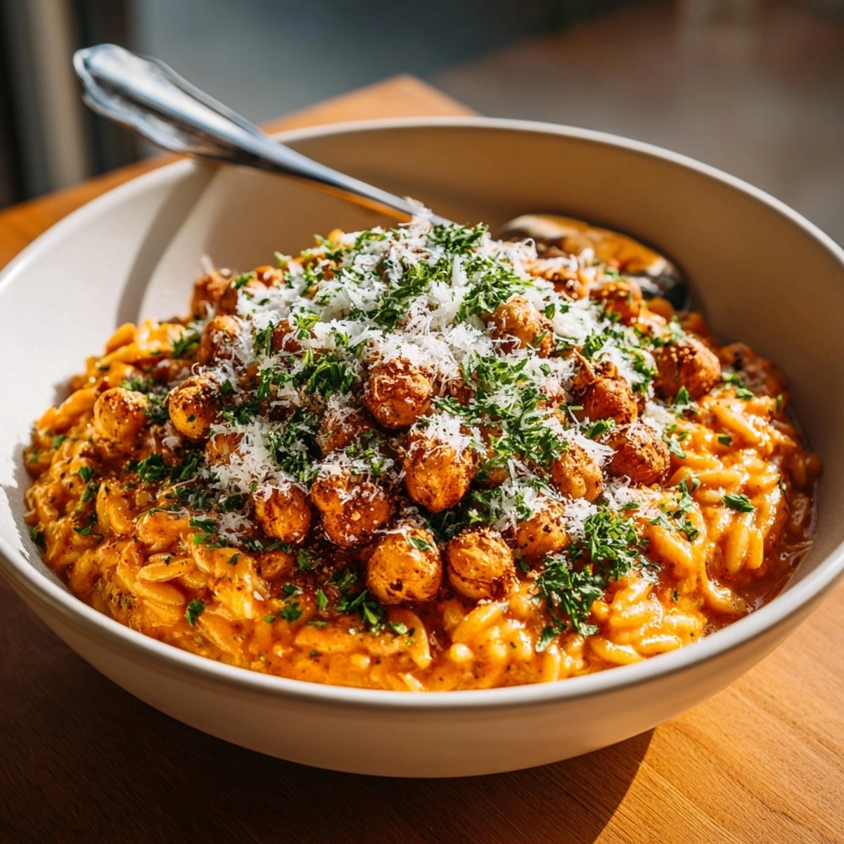 Creamy Tomato Orzo with Crispy Chickpeas: a comforting, colorful bowl ready to be enjoyed.