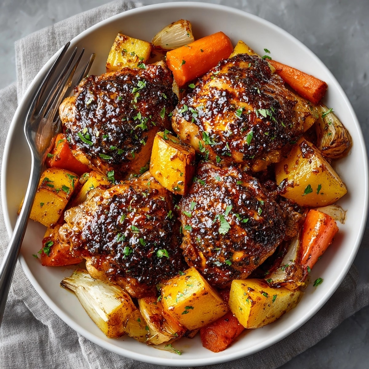 Sticky Maple Mustard Chicken Thighs glistening, roasted with colorful root vegetables.