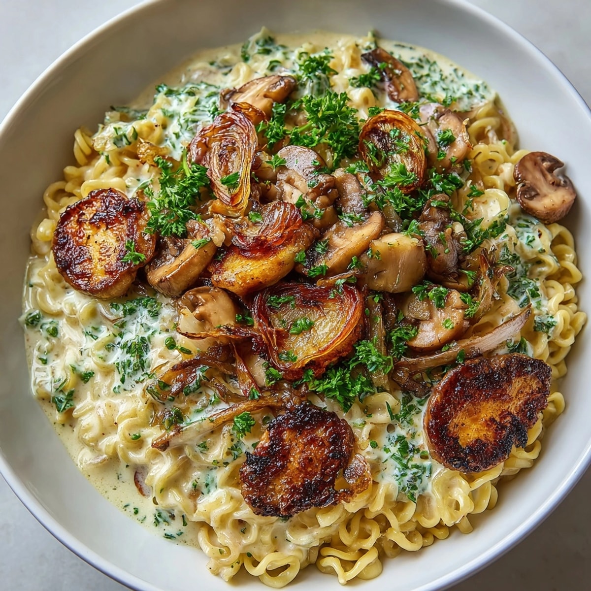 Creamy mushroom stroganoff ramen, a comforting bowl with rich broth and chewy noodles.