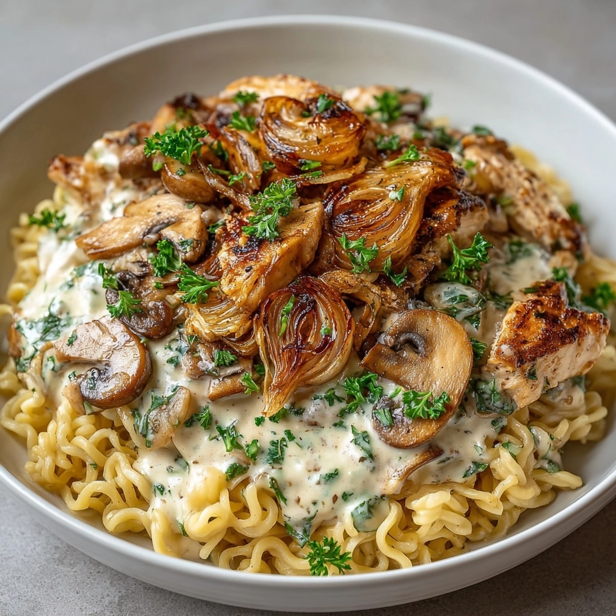 Savory mushroom stroganoff ramen recipe, ready in minutes, perfect for a quick lunch.