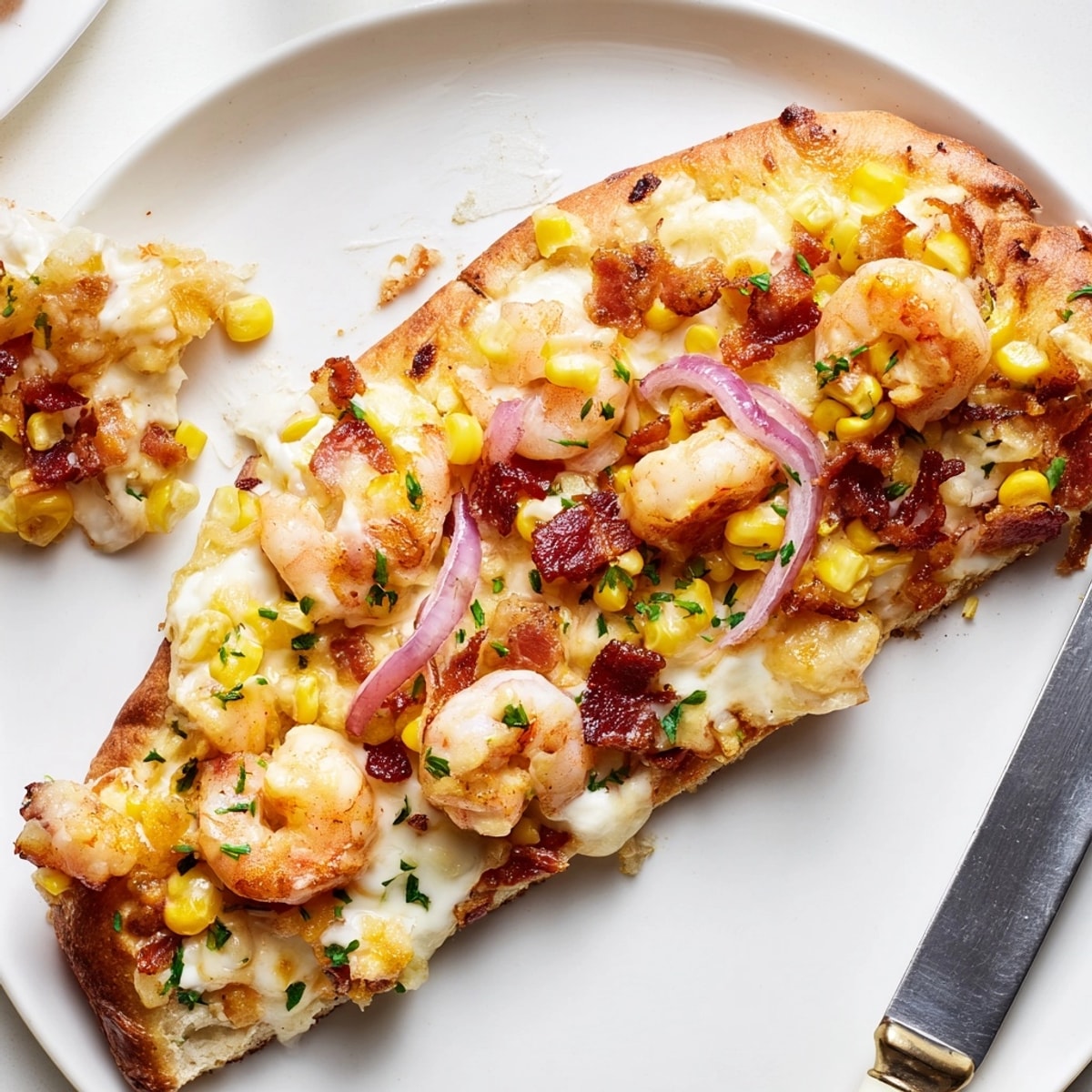 Golden Shrimp Corn Chowder Flatbread, bubbling with melted cheese, promises a savory bite.
