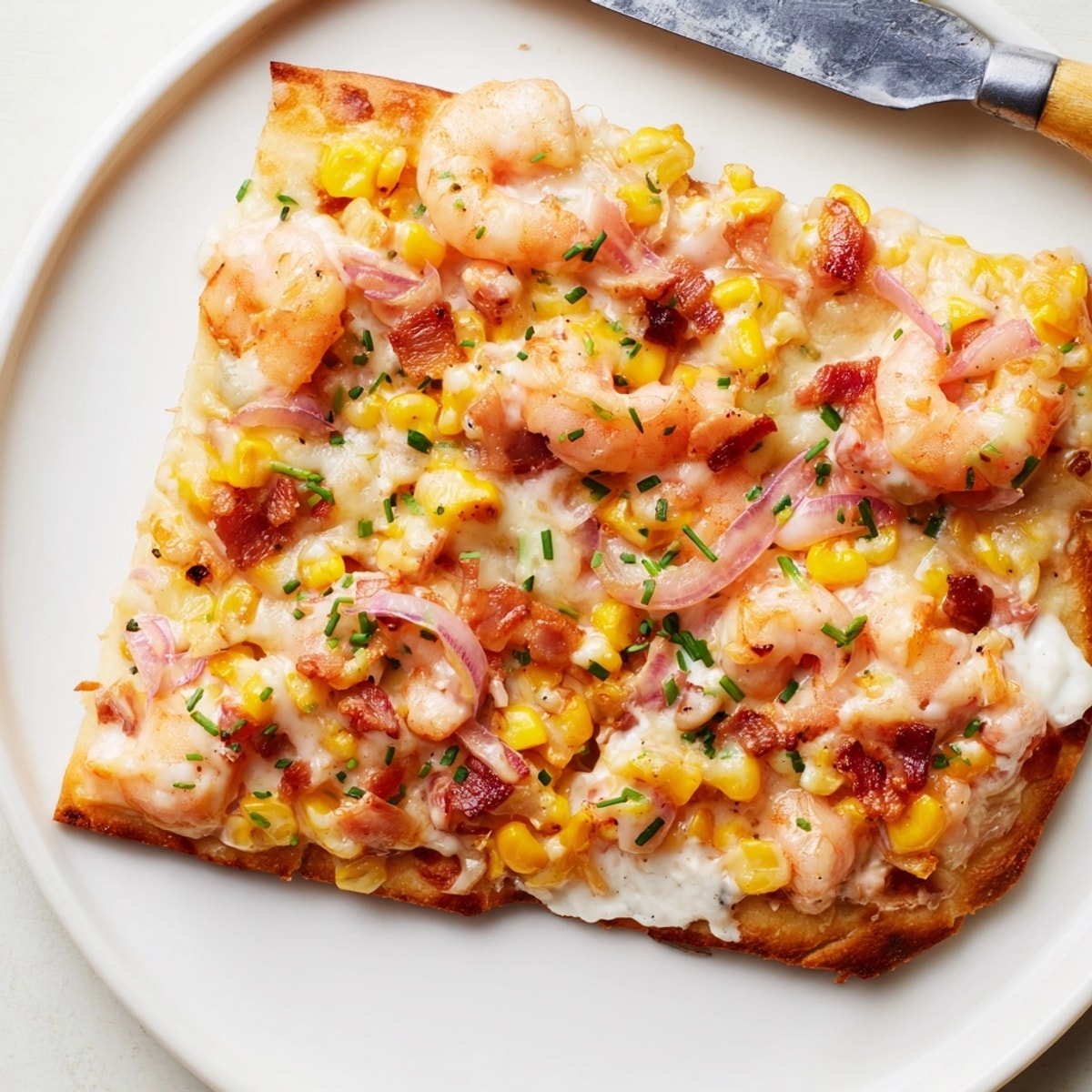Imagine a Shrimp Corn Chowder Flatbread—cheesy, creamy comfort food, ready for sharing.