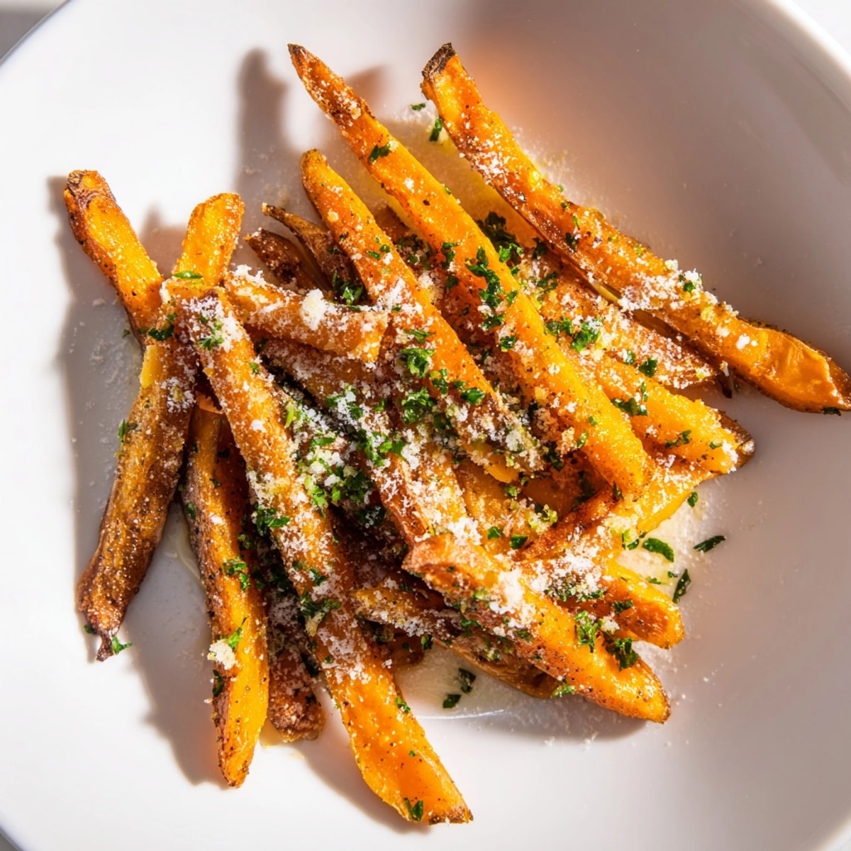 Golden-brown Garlic Parmesan Yam Fries, fresh from oven, topped with herbs.