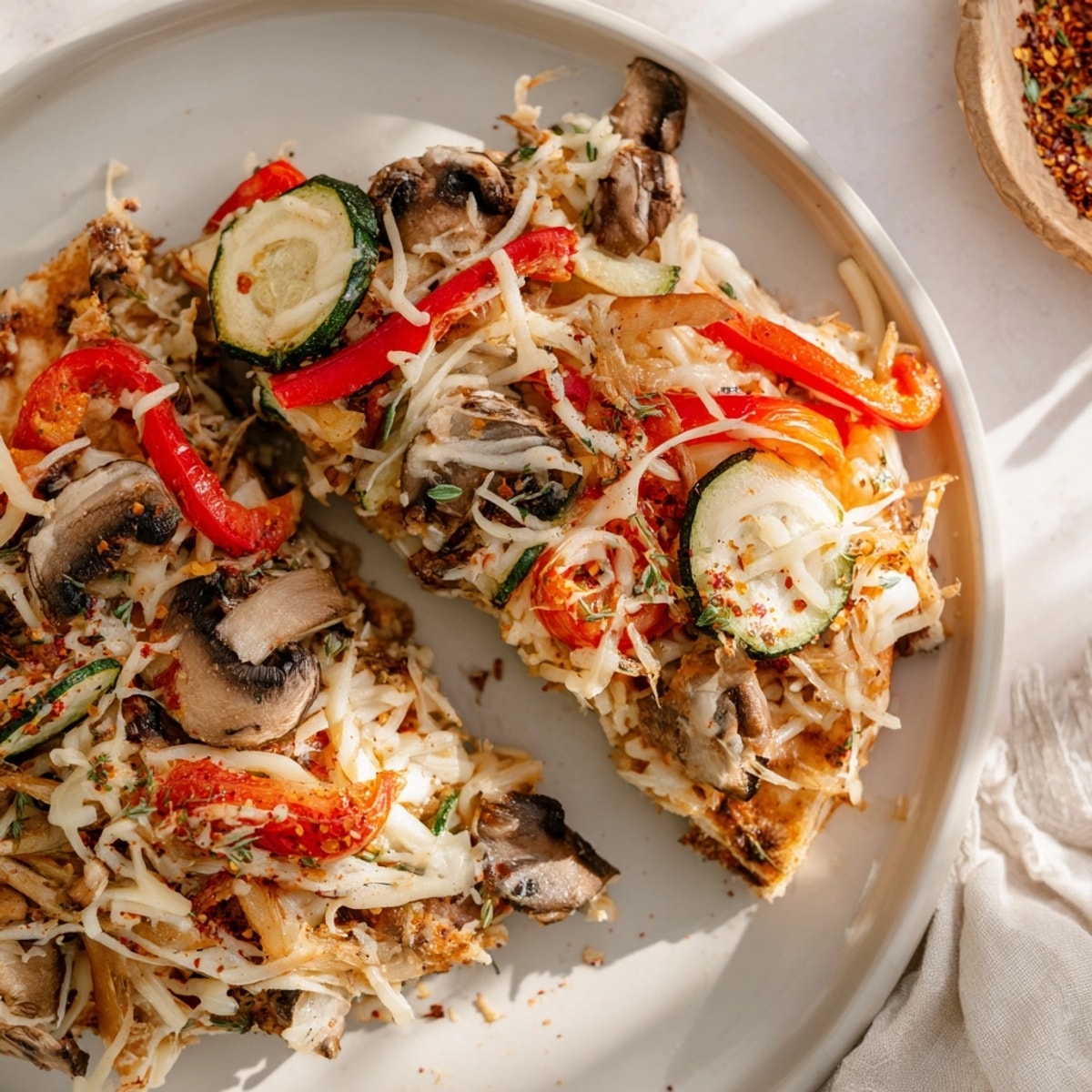 Golden Cajun Roasted Veggie Pizza with bubbly cheese and colorful roasted vegetables.