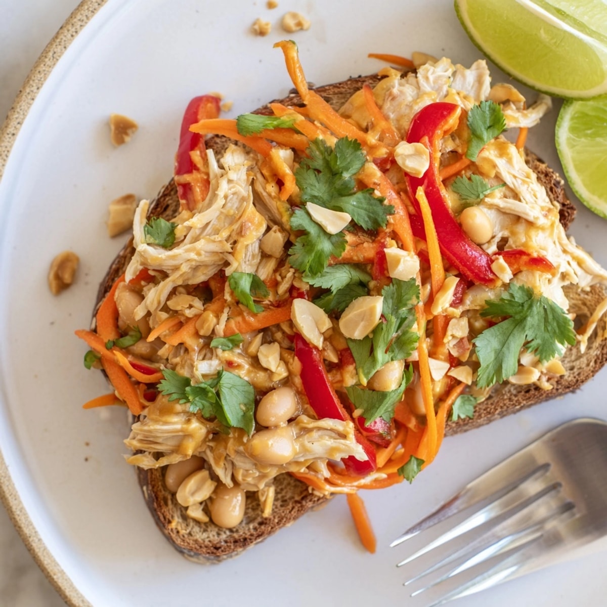 Delicious Thai Peanut Pinto Chicken Toast piled high on golden toasted sourdough.