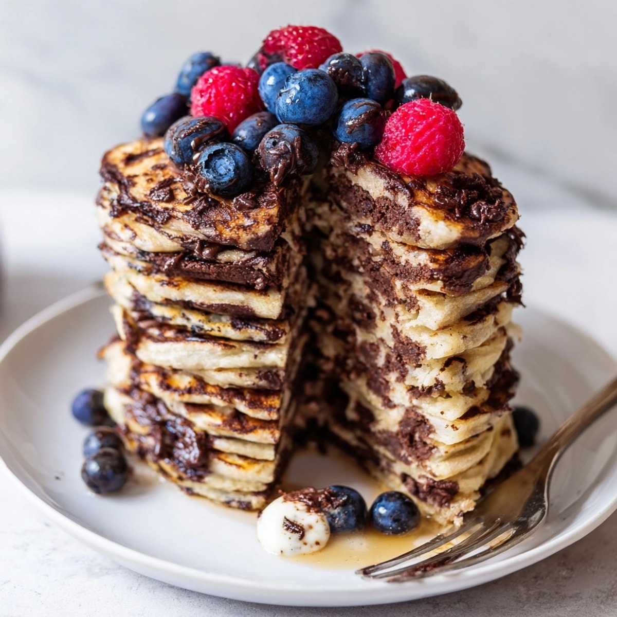 Stack of Protein Chocolate Ricotta Pancakes, topped with berries and a dusting of cocoa.