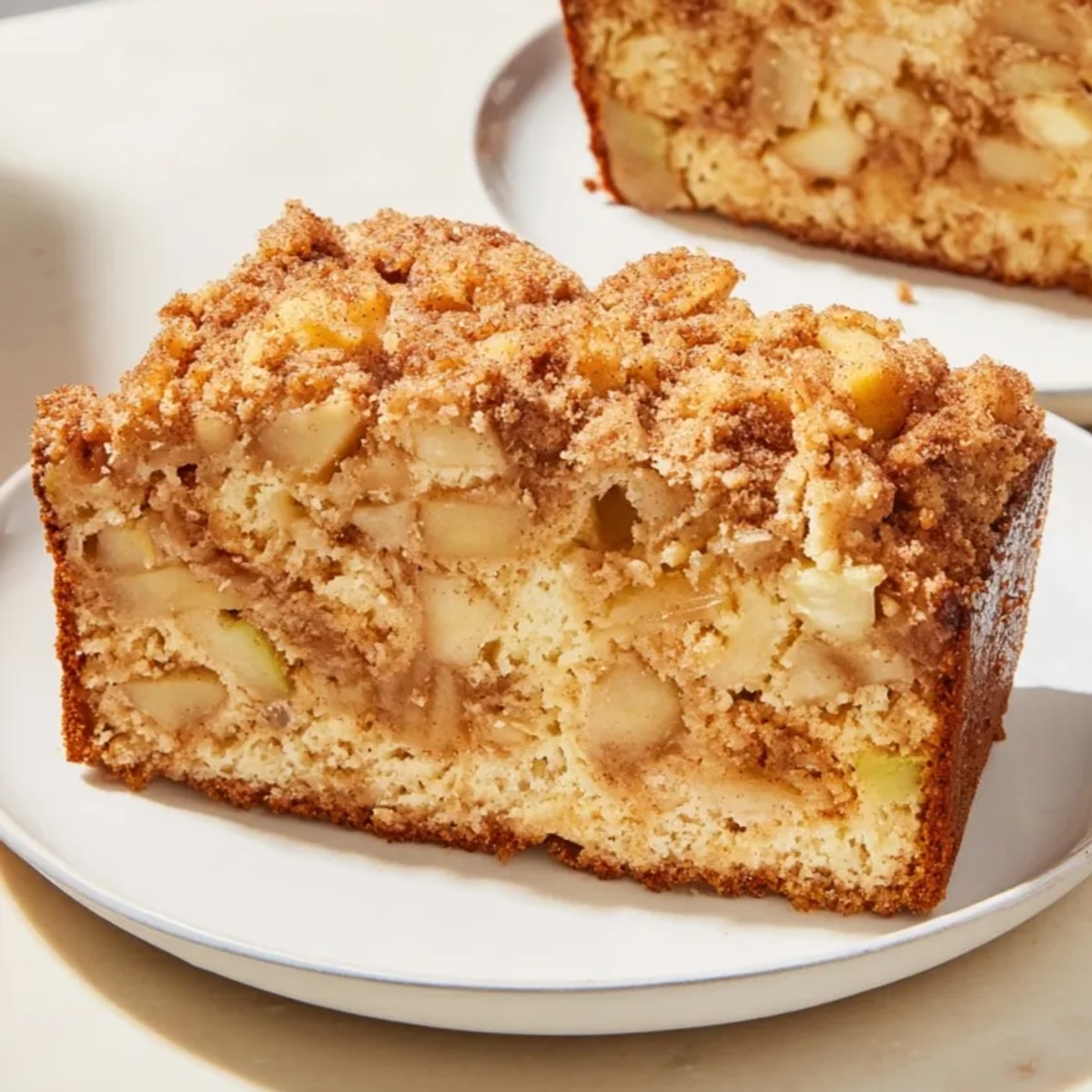 Golden Ricotta Apple Cinnamon Bread loaf, speckled with apples, ready for slicing.