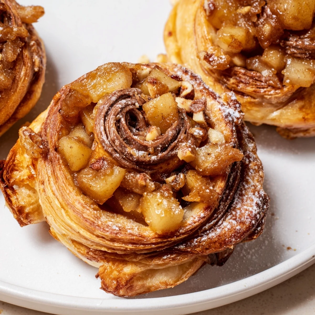 Flaky Caramel Apple Nutella Pinwheels drizzled with warm caramel and cinnamon sugar.  
