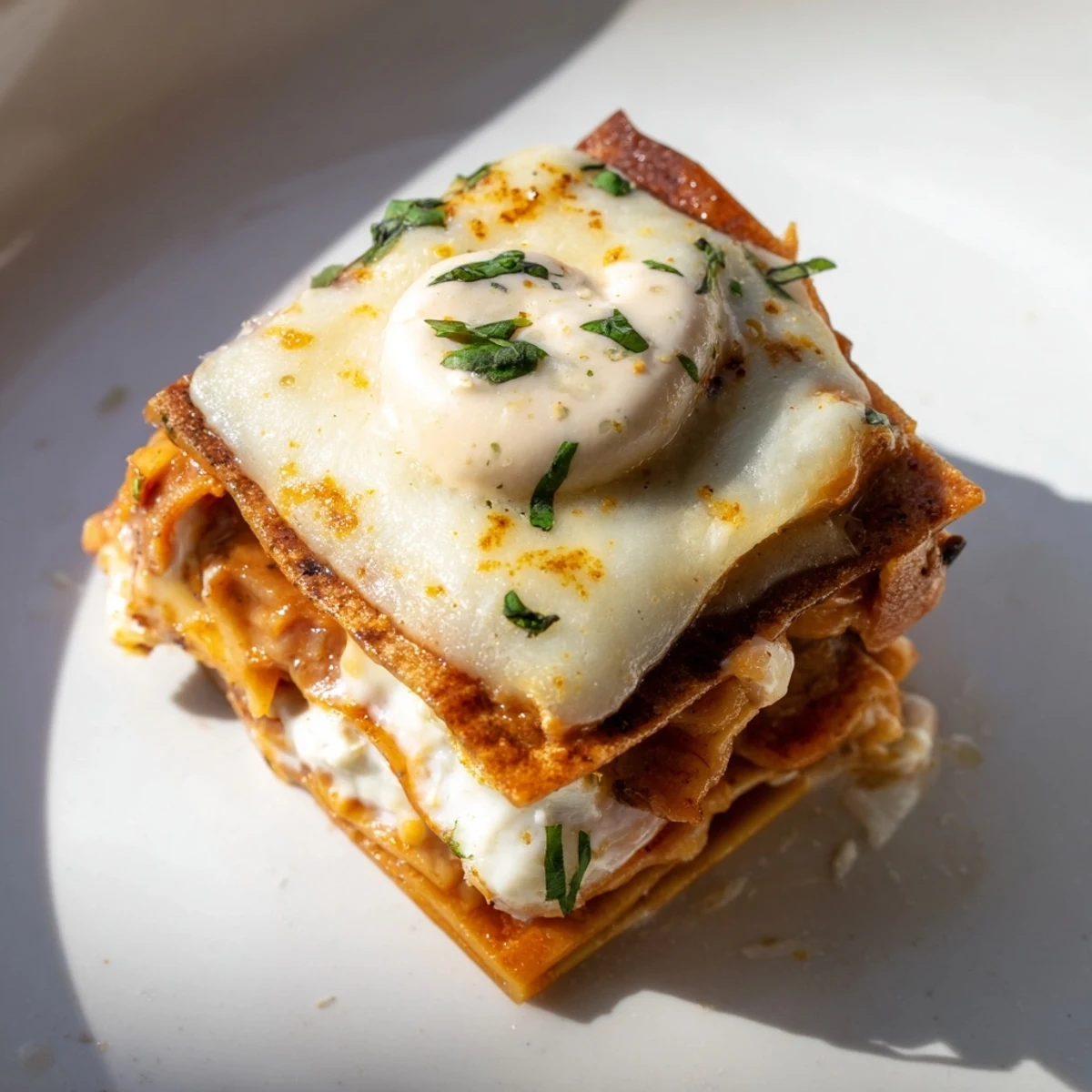 Close-up of Gingerbread Lasagne Soup Bites, showcasing creamy layers and vibrant colors.  