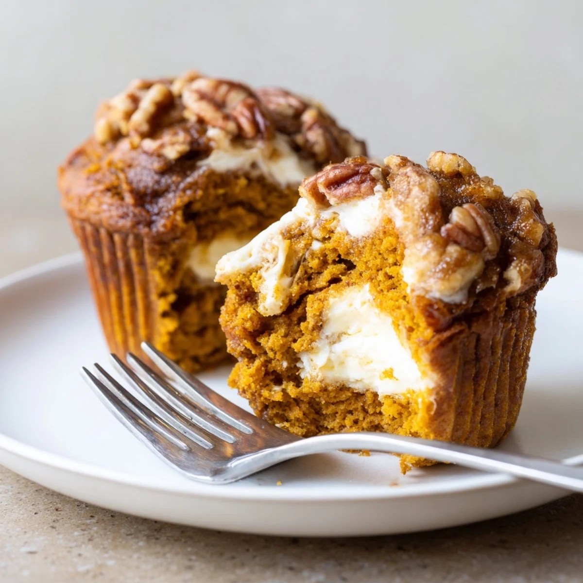 Moist Thanksgiving Pumpkin Cheesecake Muffins with creamy swirls and festive spices.