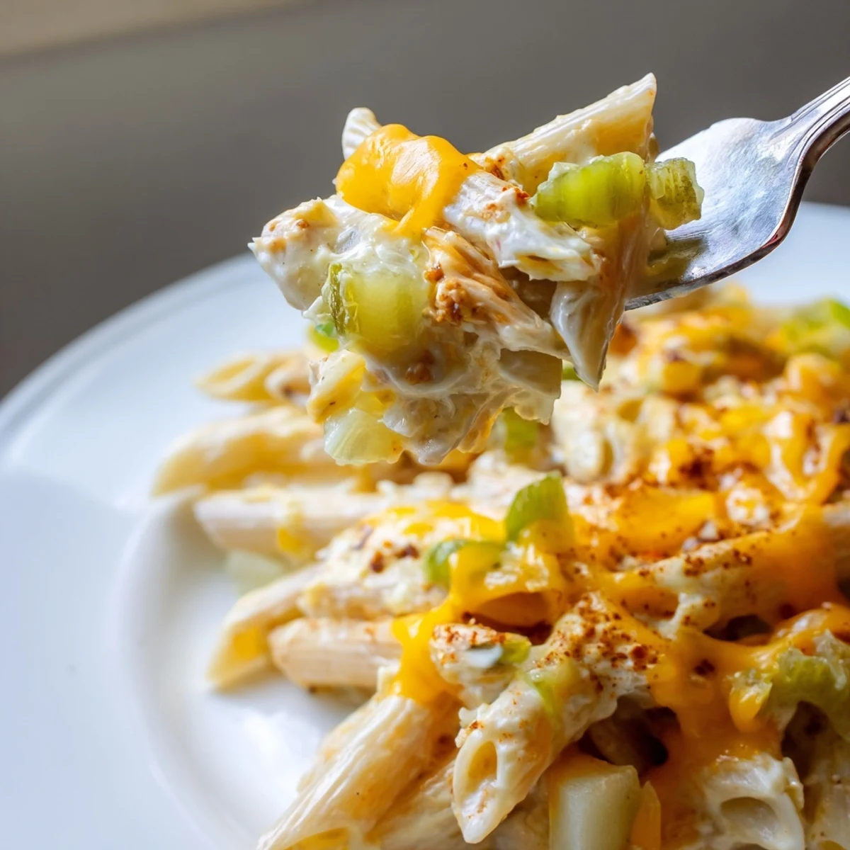 Creamy Pickle and Cheddar Loaded Potato Pasta, garnished with vibrant green onions.  