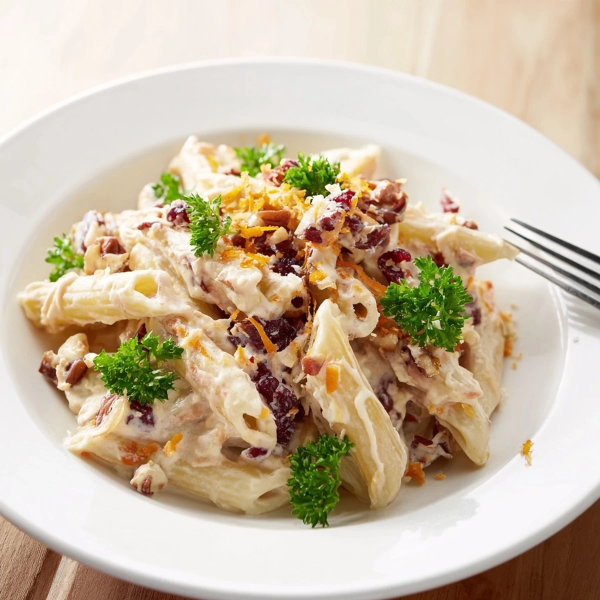 Creamy Thanksgiving Cranberry Cream Cheese Pasta topped with fresh herbs and toasted pecans.  