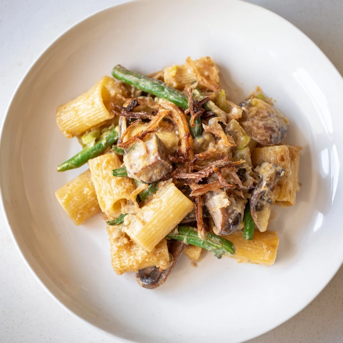 Warm Thanksgiving Green Bean Casserole Pasta mixing flavors of cheese, green beans, and herbs.