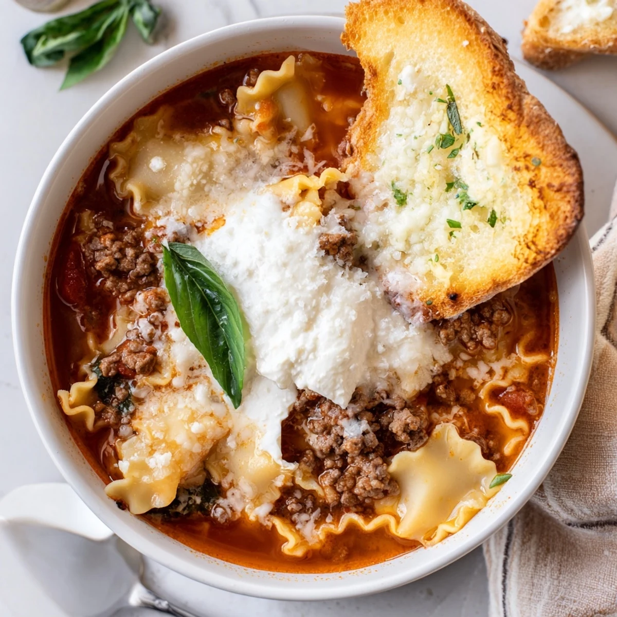 Warm, savory Lasagne Soup topped with creamy cheese and fresh basil.  