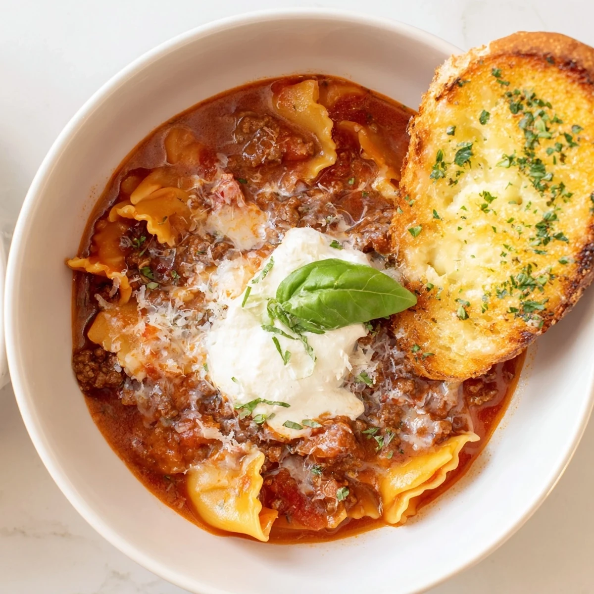 Deconstructed Lasagne Soup blending rich tomato flavors with melting cheeses.