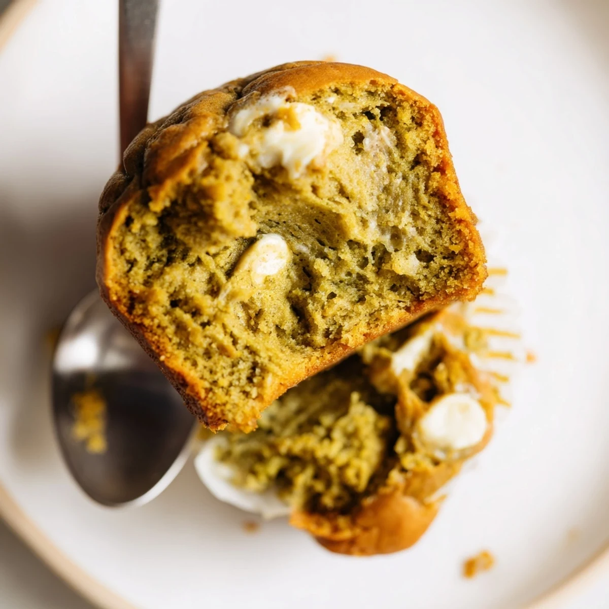 Moist matcha white chocolate pumpkin muffins, perfect for a cozy breakfast treat.  
