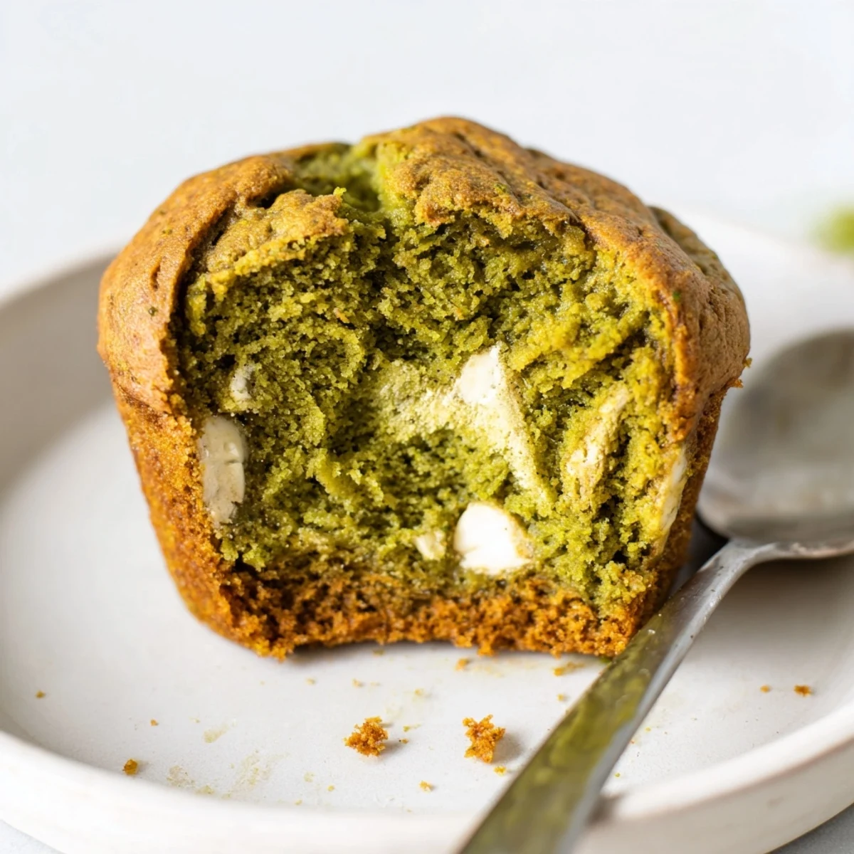 Deliciously tender matcha white chocolate pumpkin muffins topped with creamy chocolate chips.  