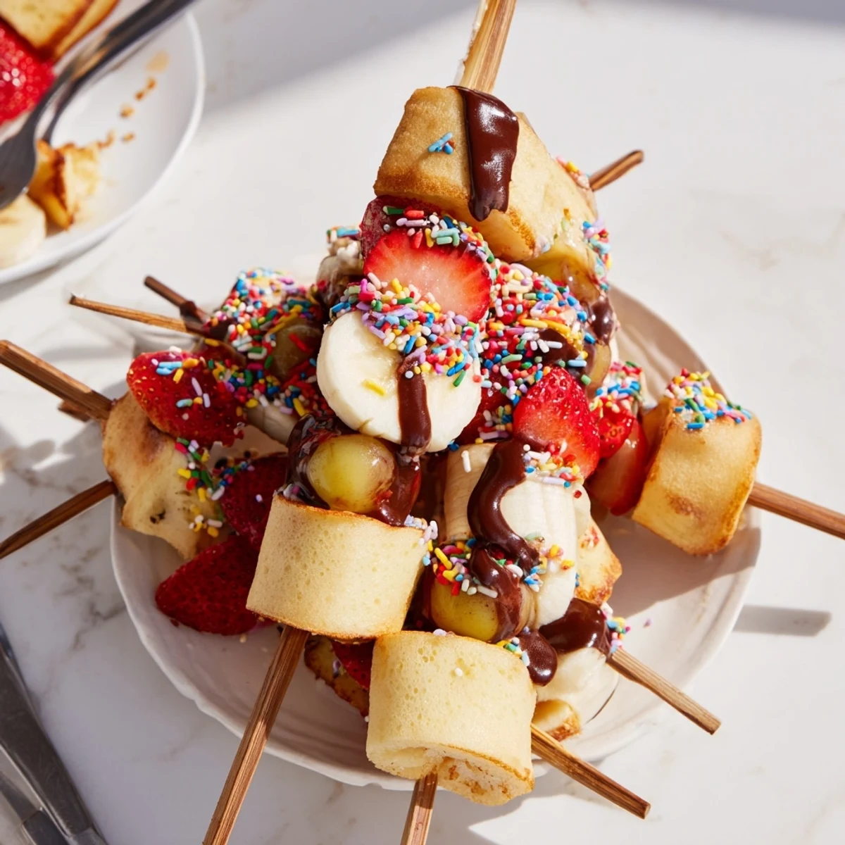 Fluffy Chaos Cake Pancake Skewers drizzled with chocolate and colorful sprinkles.