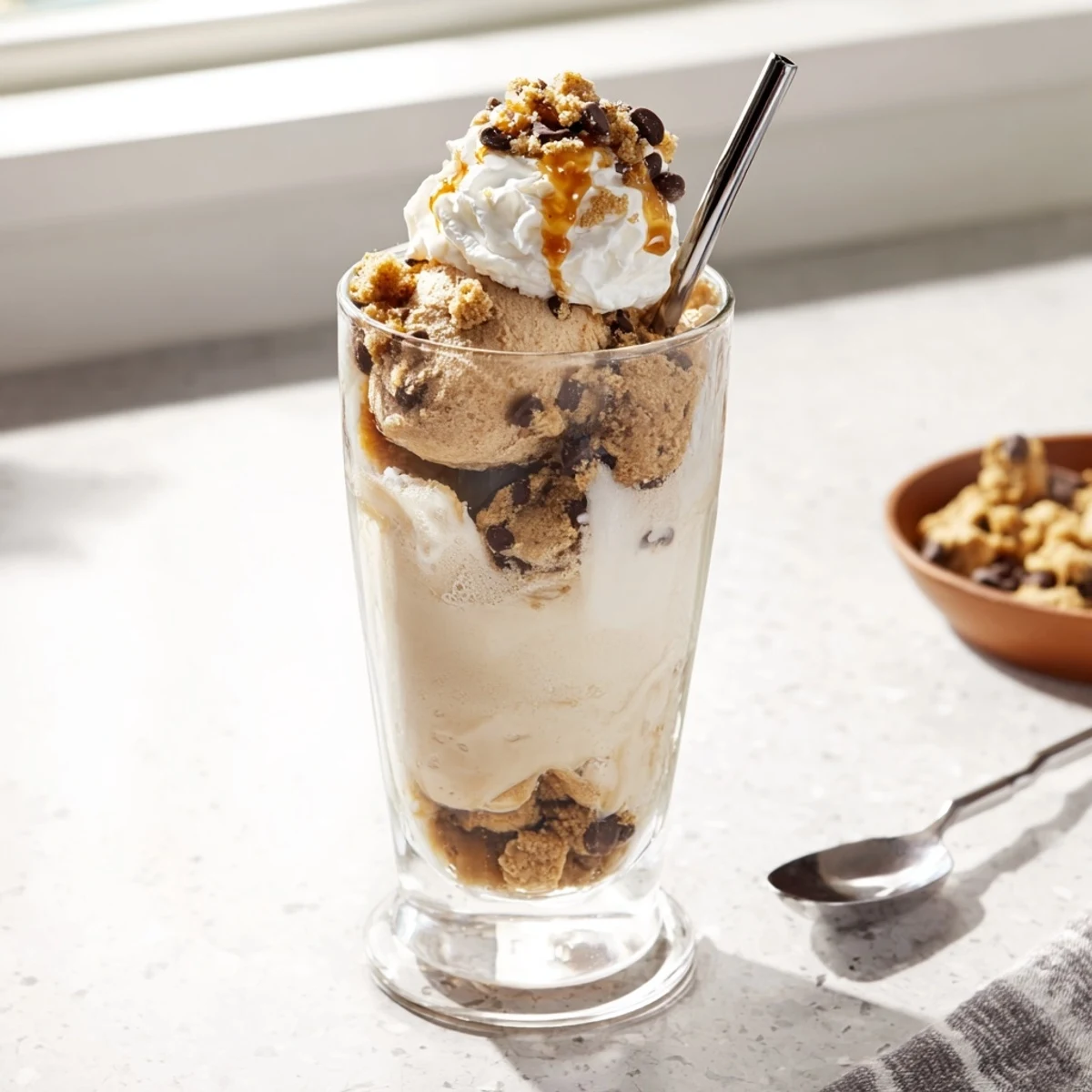 Delicious “Wacky” Cookie Dough Soda Float topped with whipped cream and chocolate chips.  