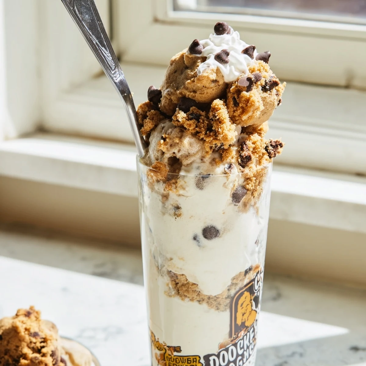 Creamy vanilla ice cream and fizzy soda combine in this “Wacky” Cookie Dough Soda Float.  