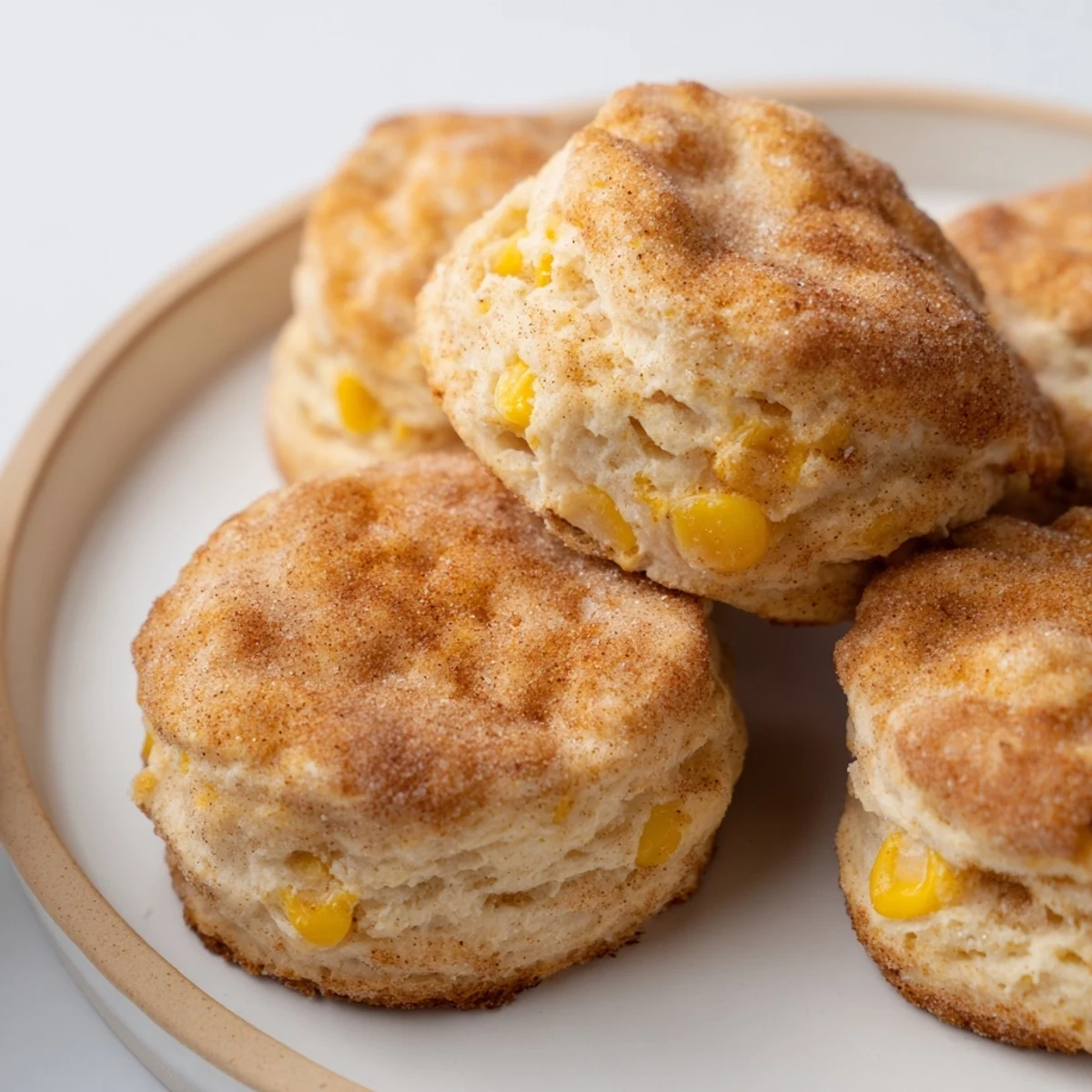 Tender cinnamon sugar sweet corn biscuits baked to golden perfection, ideal for brunch.  
