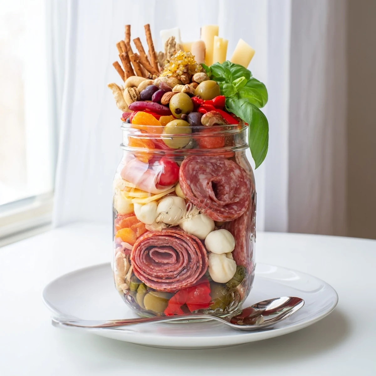 Colorful Monster “Chaos” Charcuterie Jar filled with meats, cheeses, and vibrant veggies.  