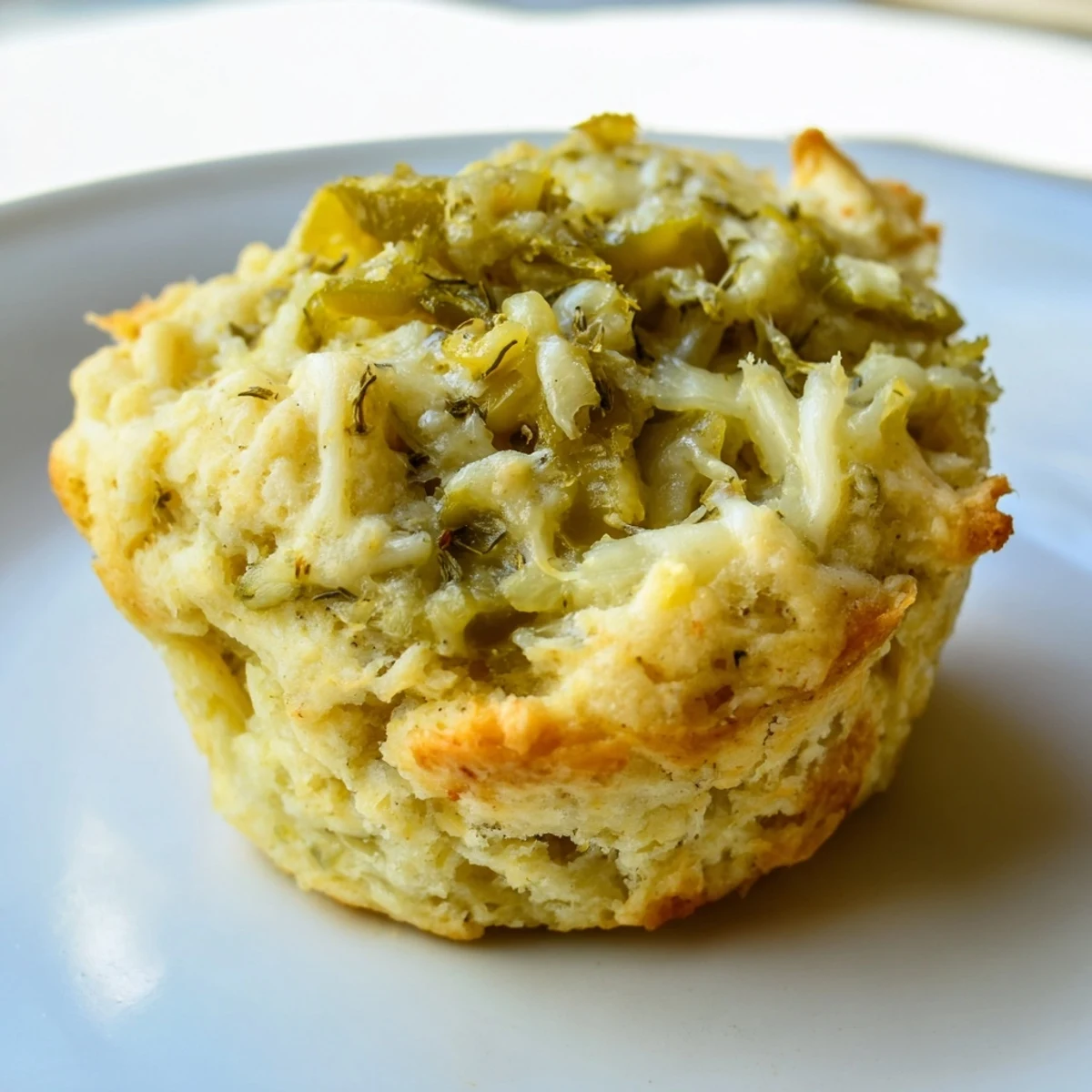 Golden-brown Dill Pickle Jalapeño Biscuit Muffins served with soup for a delightful pairing.