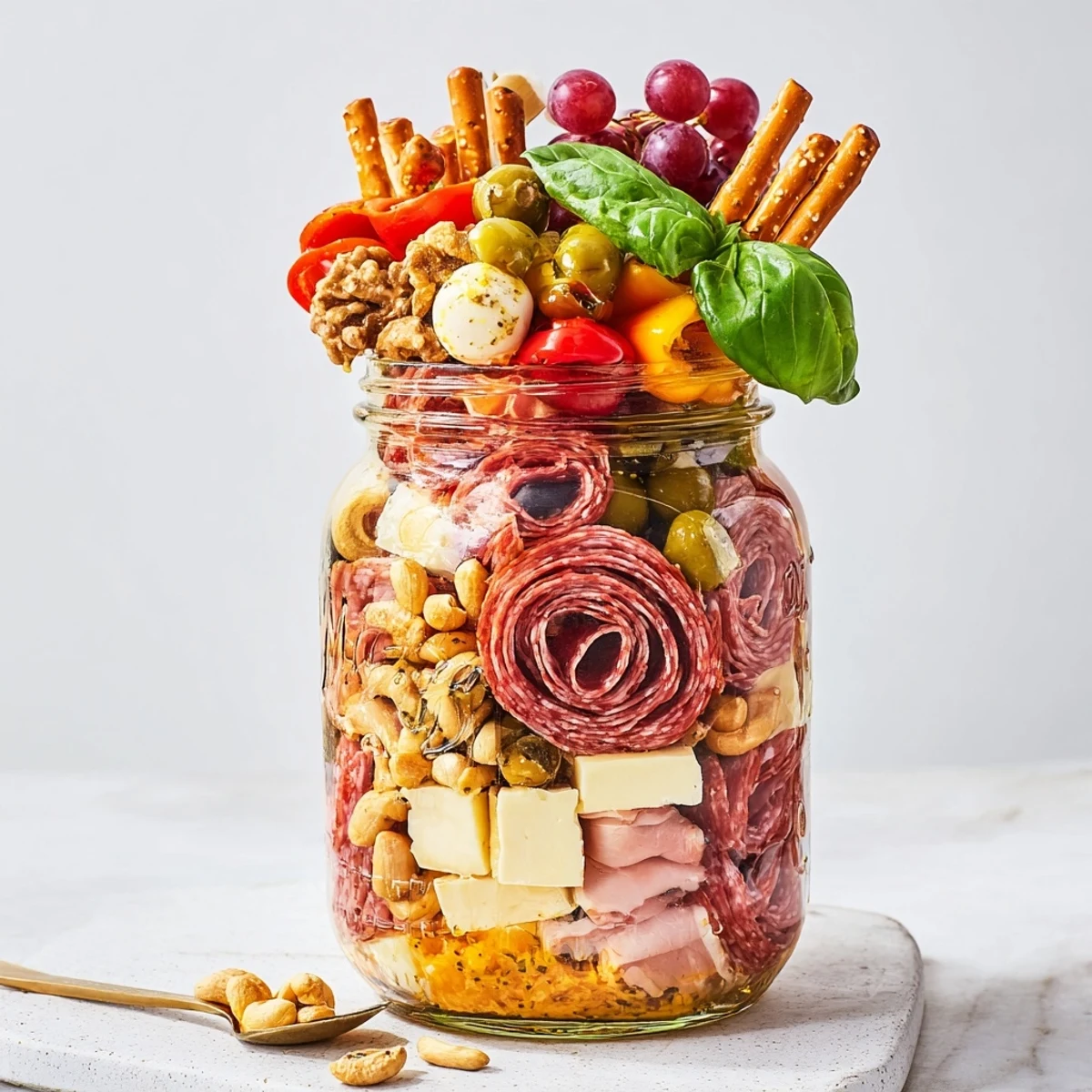 Delicious Monster "Chaos" Charcuterie Jar adorned with fresh basil and crunchy additions.