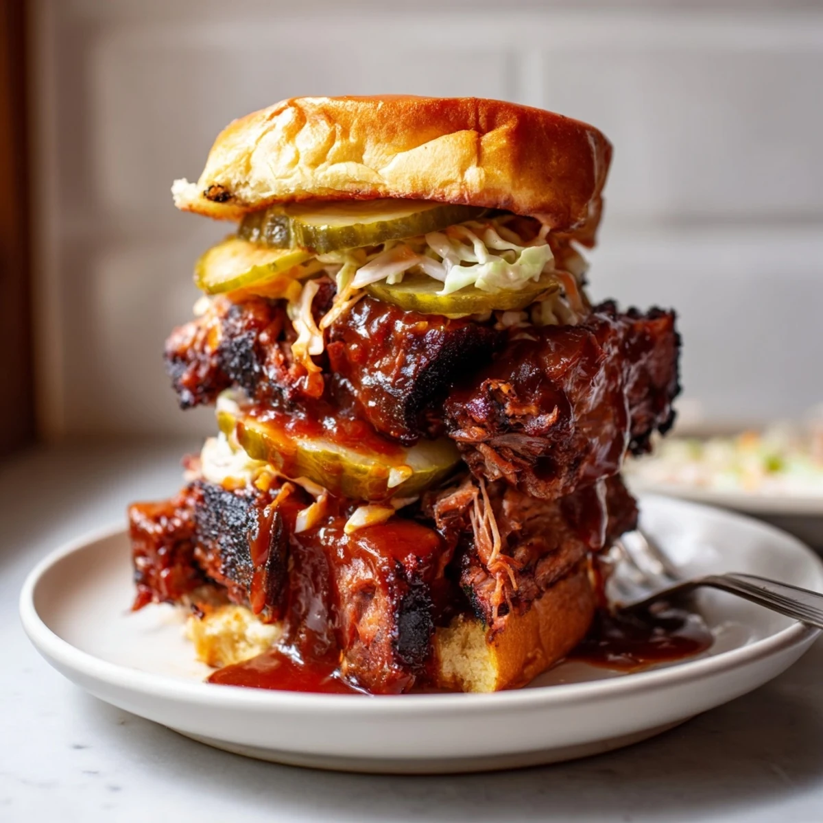 Tender Spicy BBQ Pickle Rib Sandwiches piled high with zesty pickles and slaw.  
