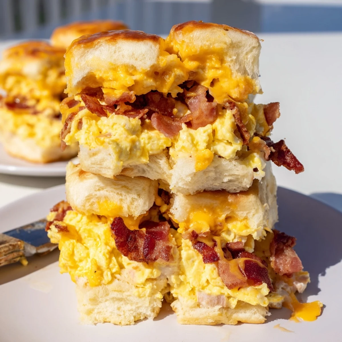 Crack Breakfast Sliders filled with bacon, eggs, and cheesy goodness, baked to perfection.  