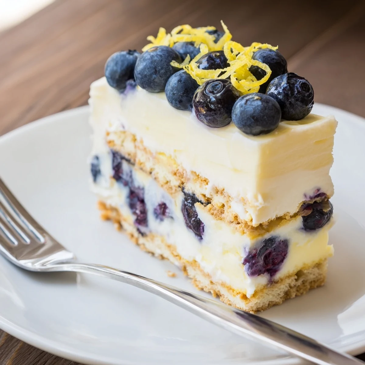 No-Bake Lemon Blueberry Cream Cake layered with fresh blueberries and creamy lemon filling.  