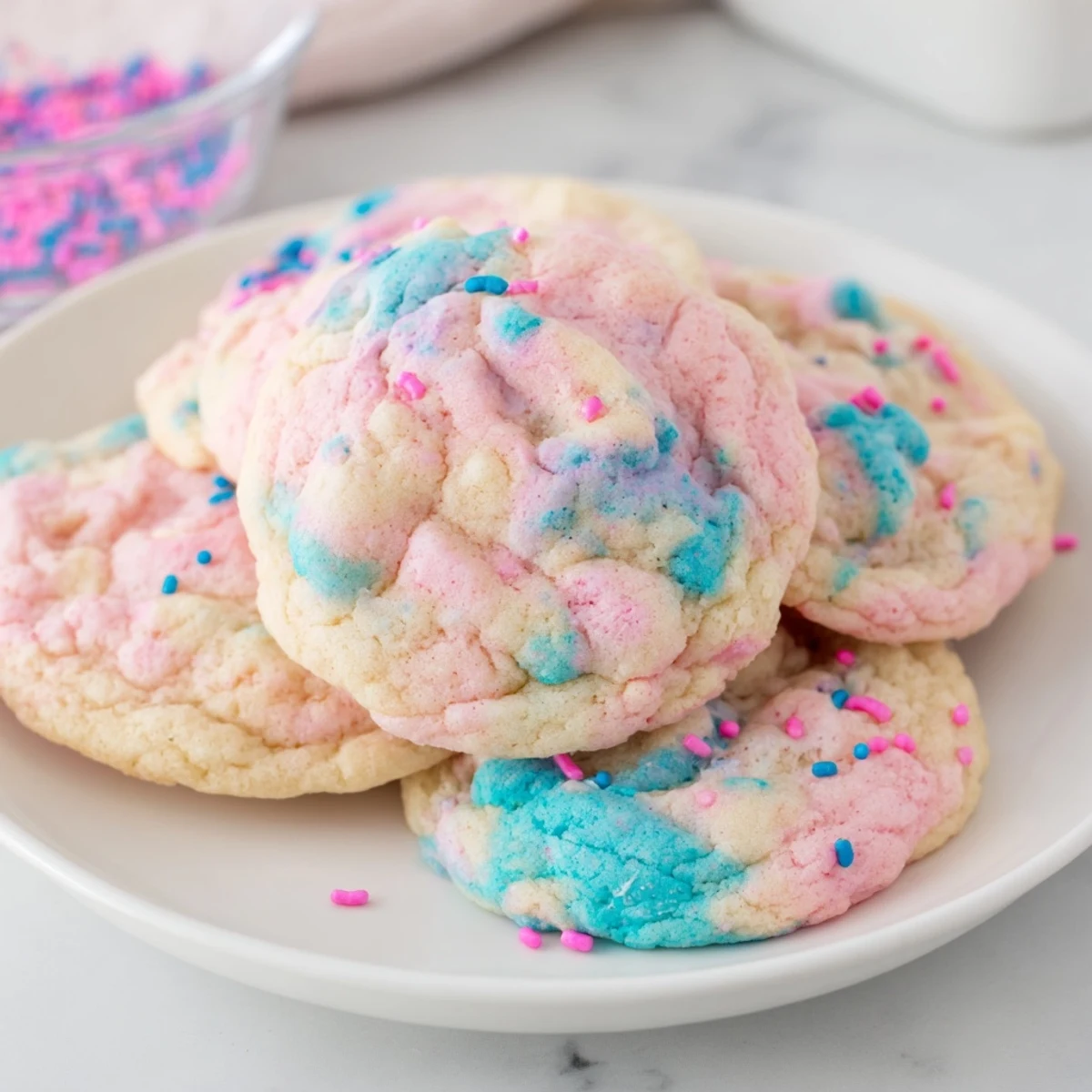 Indulge in whimsical cotton candy cookies adorned with soft pastel hues.  