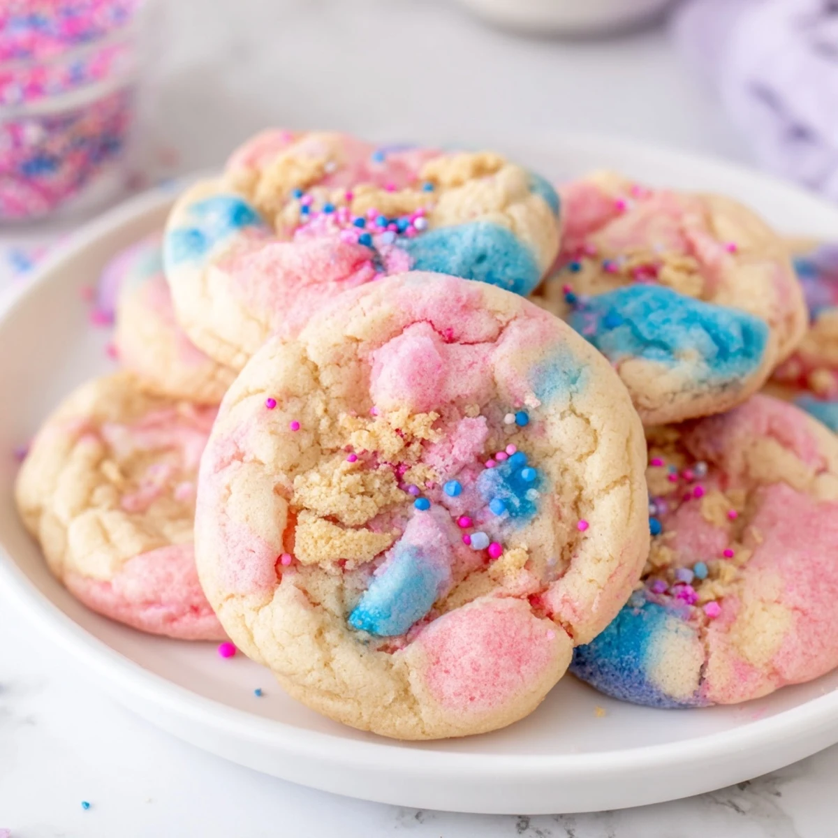 Delightful cotton candy cookies fresh from the oven, perfect for any celebration.