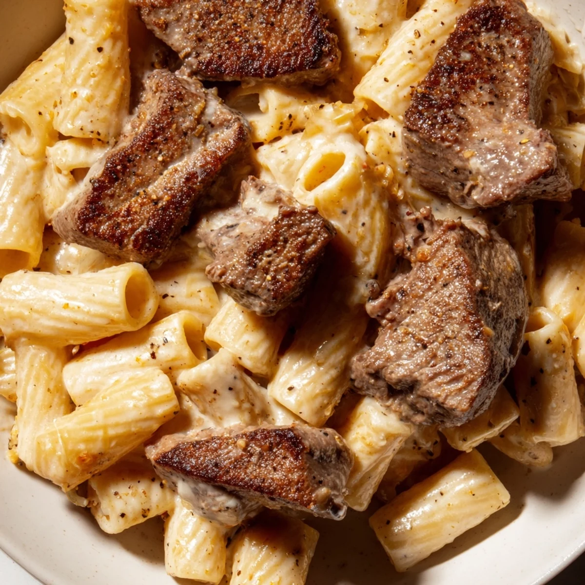 Tender Cajun steak tips nestled in creamy rigatoni Parmesan sauce, a comforting dish.  