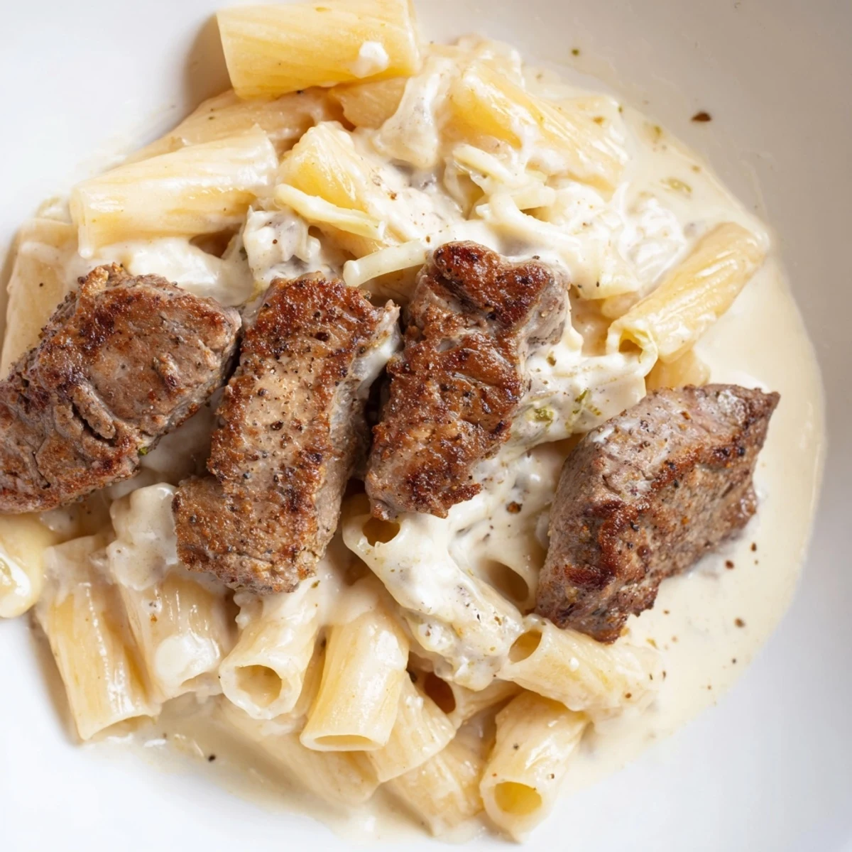 Rich, cheesy rigatoni Parmesan sauce envelops spicy Cajun steak tips for ultimate flavor.  