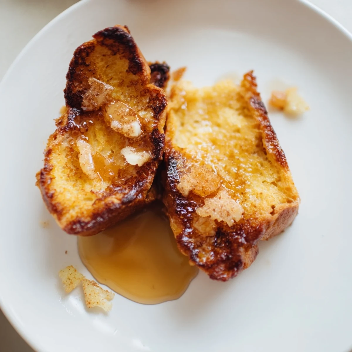 Indulge in rich Overnight Crème Brûlée French Toast topped with caramelized sugar.