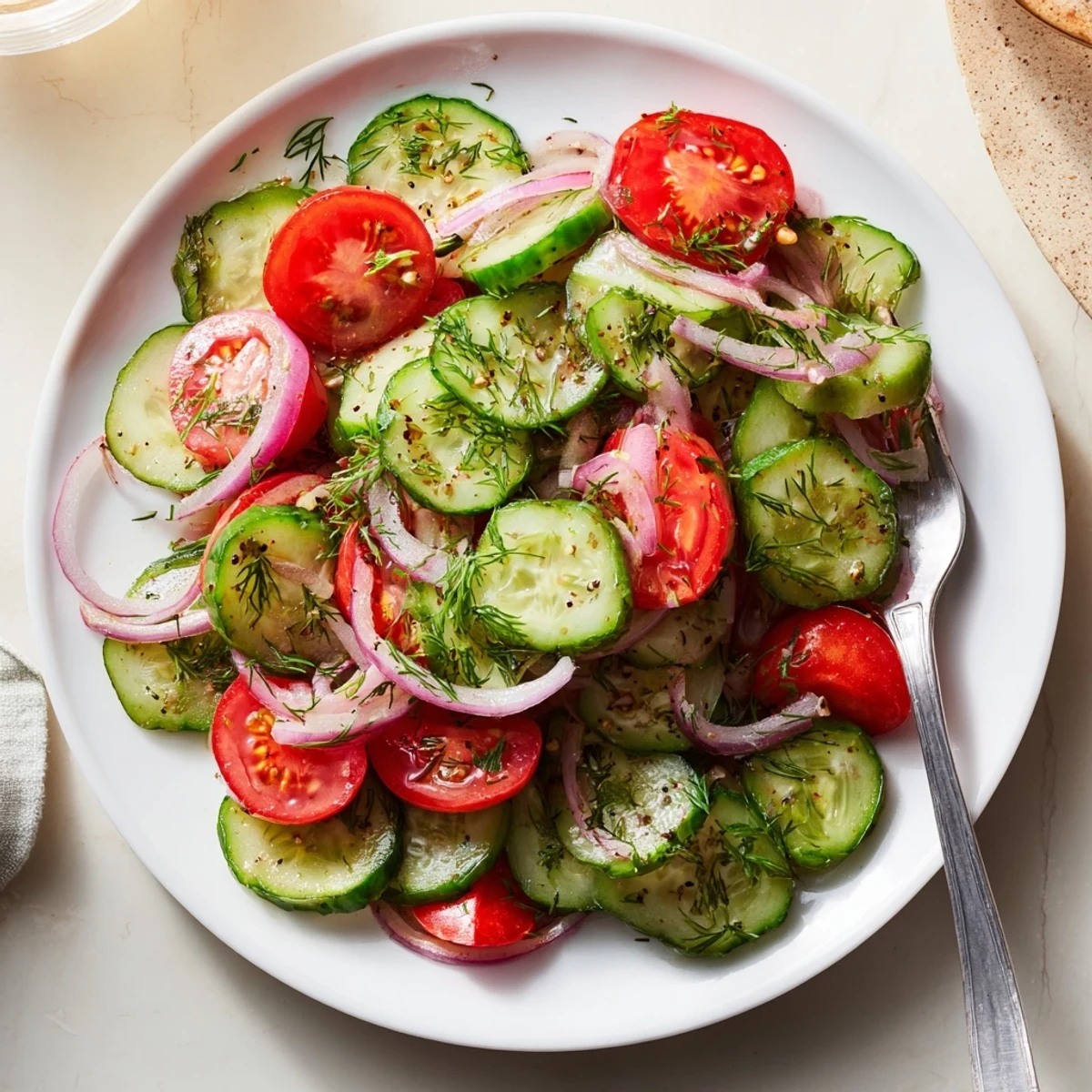 Crisp marinated cucumbers, onions, and tomatoes arranged beautifully in a bowl.  