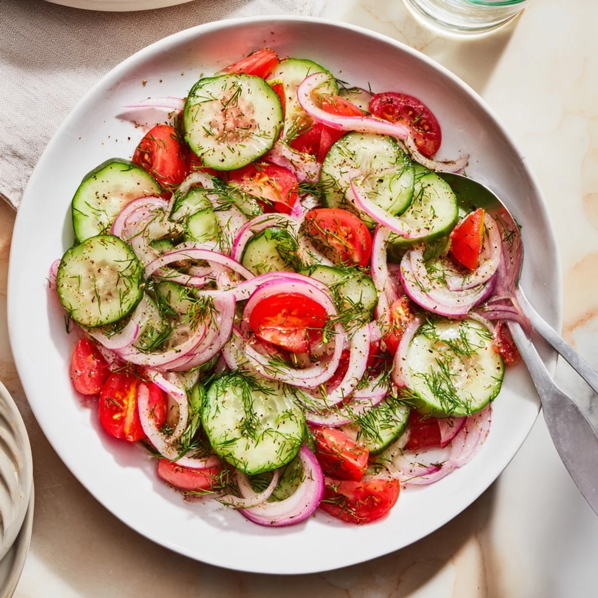 Fresh summer marinated cucumbers, onions, and tomatoes drizzled with zesty dressing for color.