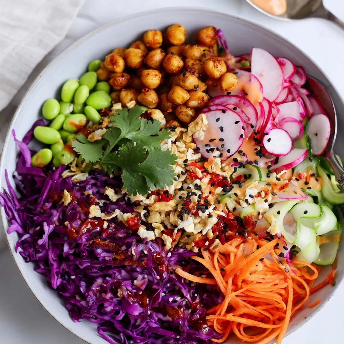 Colorful ASMR Crunch Snack Bowls filled with vibrant vegetables and crunchy toppings.  