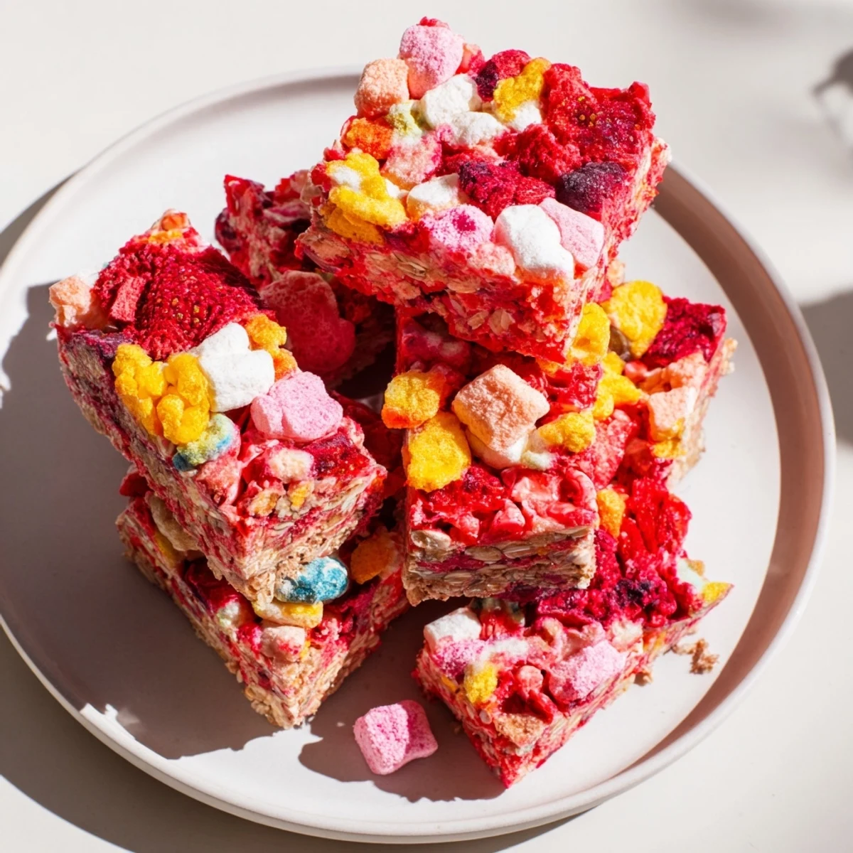 Colorful DIY snack bars topped with chewy homemade gummies and freeze-dried candy.  