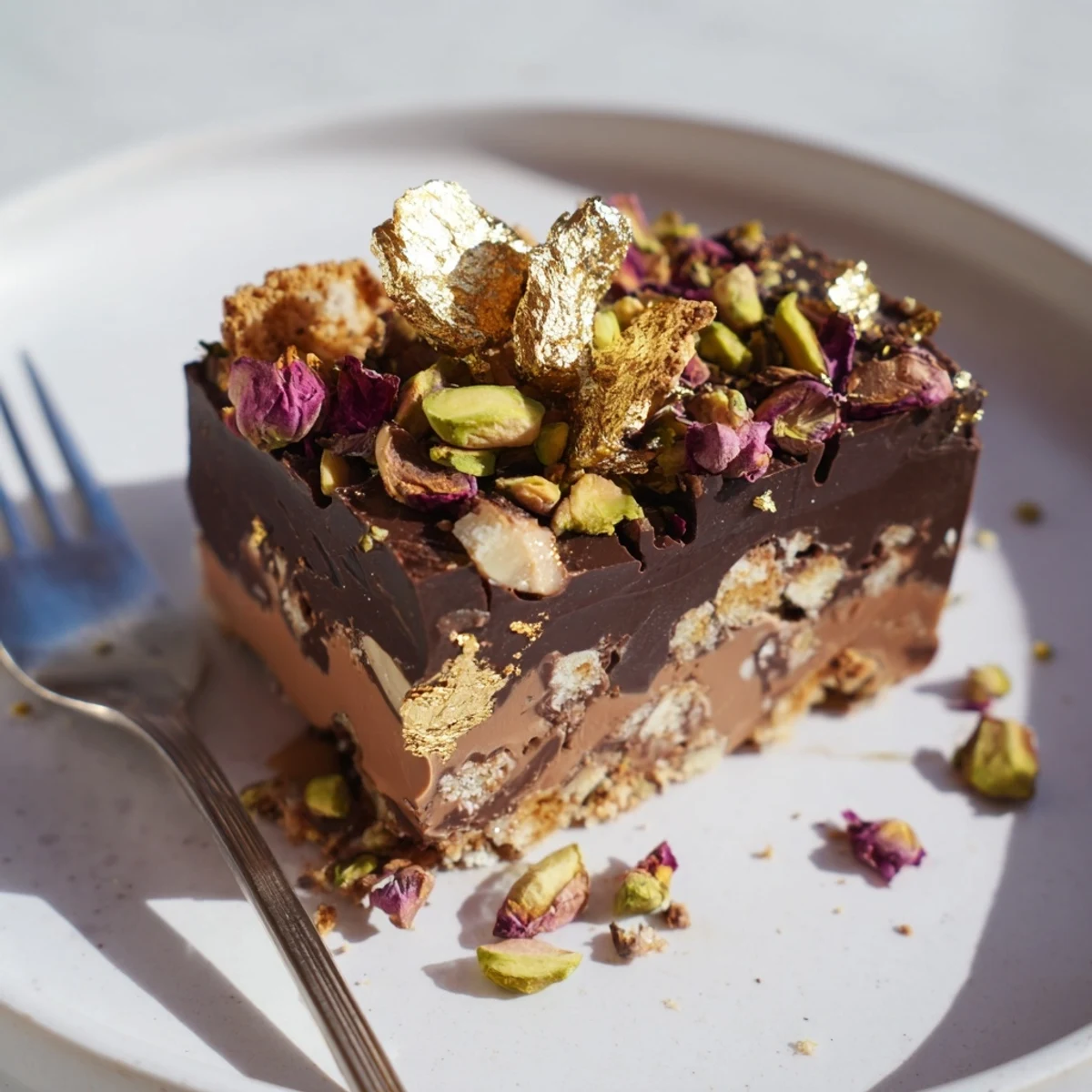Decadent Chocolate Bar Inspired Creations topped with crushed pistachios and rose petals.