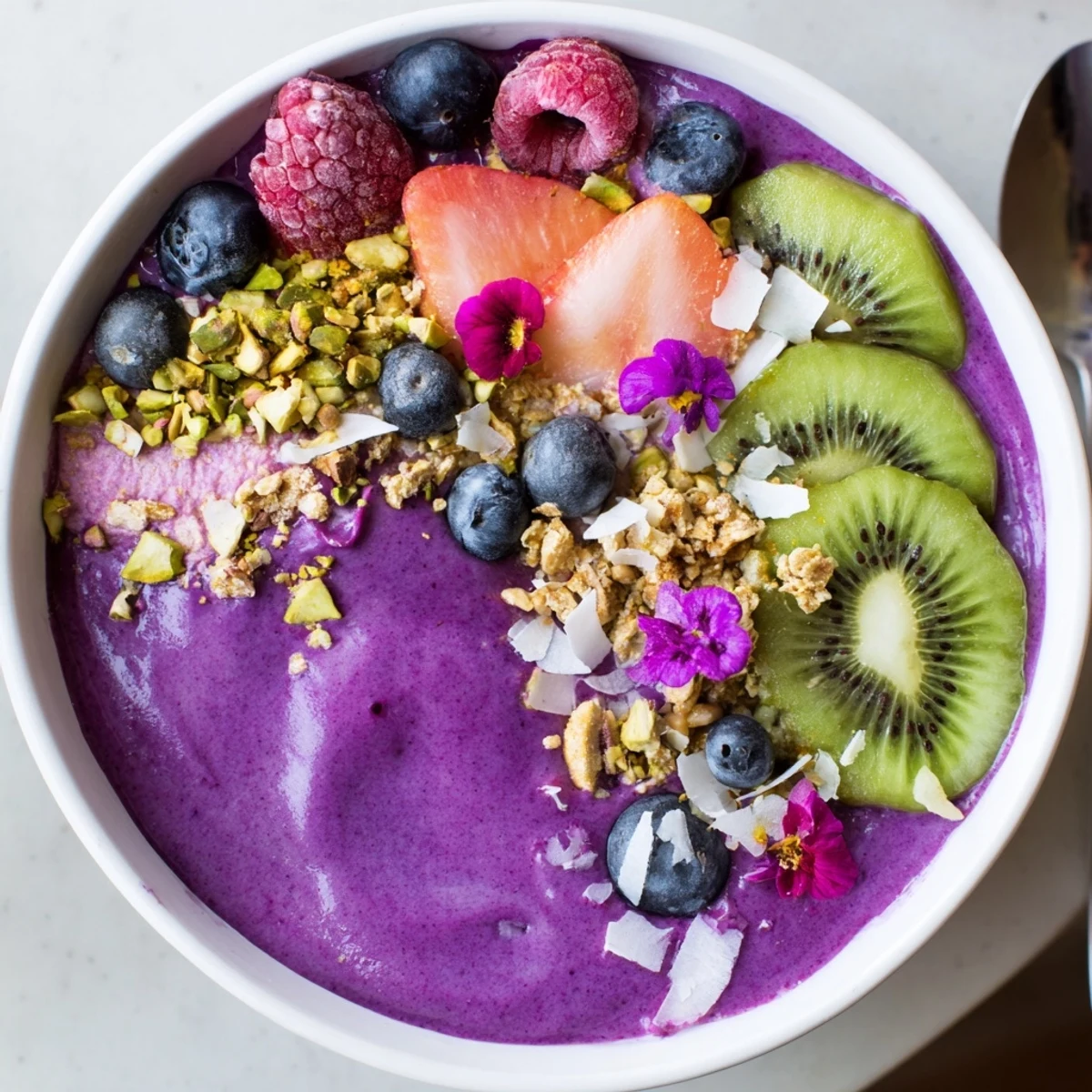 Vibrant smoothie bowls with purple yam and fresh berries for a nutritious breakfast.  
