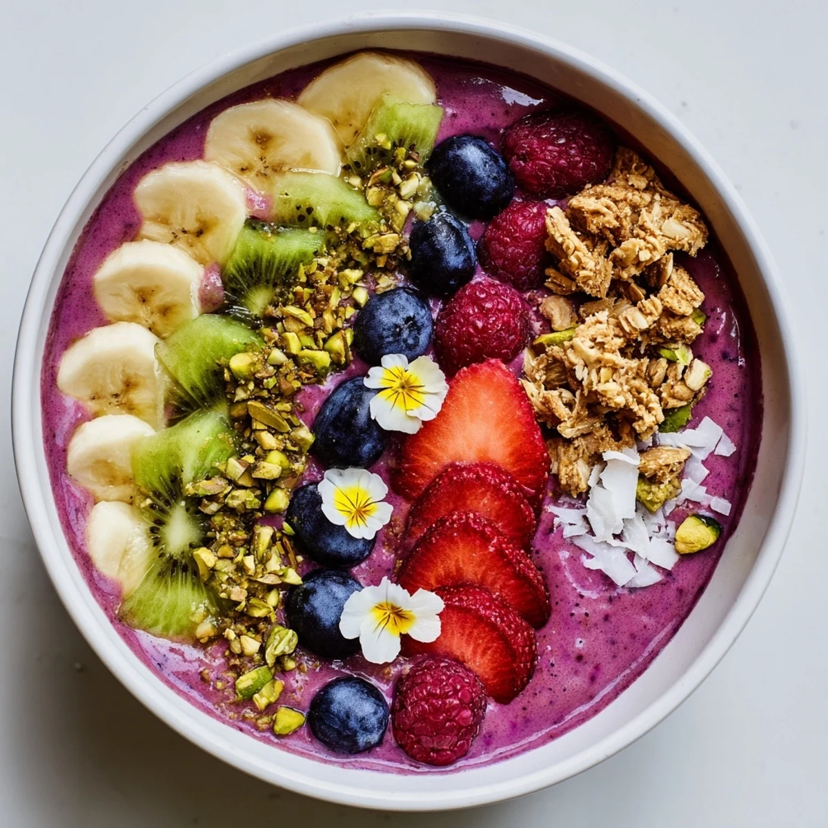Delicious smoothie bowls featuring pistachios and kiwi for a colorful morning treat.  