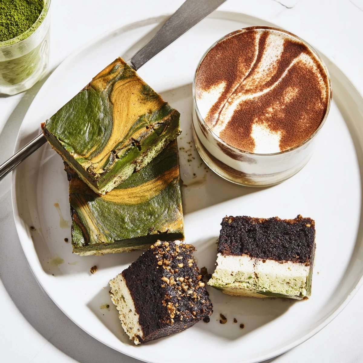 Decadent matcha-miso brownies, topped with a rich chocolate glaze and fudge.  