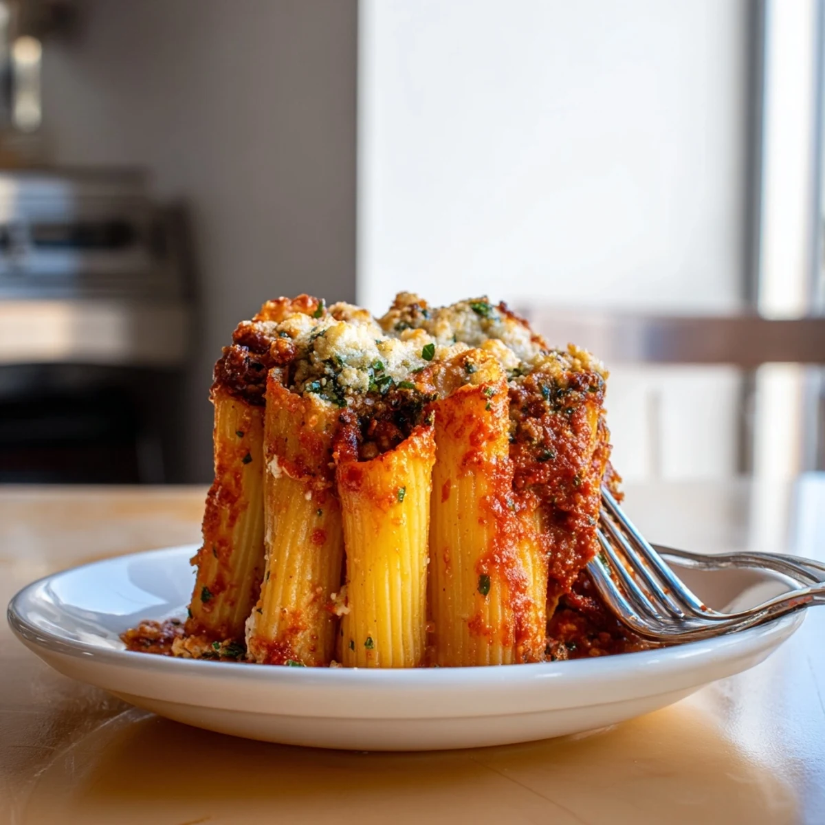 Delicious honeycomb pasta cake topped with melted cheese and fresh parsley.  