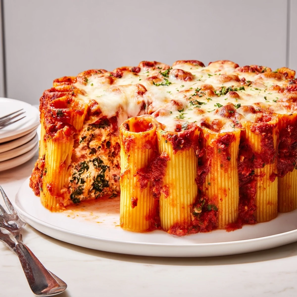 A stunning honeycomb pasta cake ready to impress with its cheesy, savory goodness.