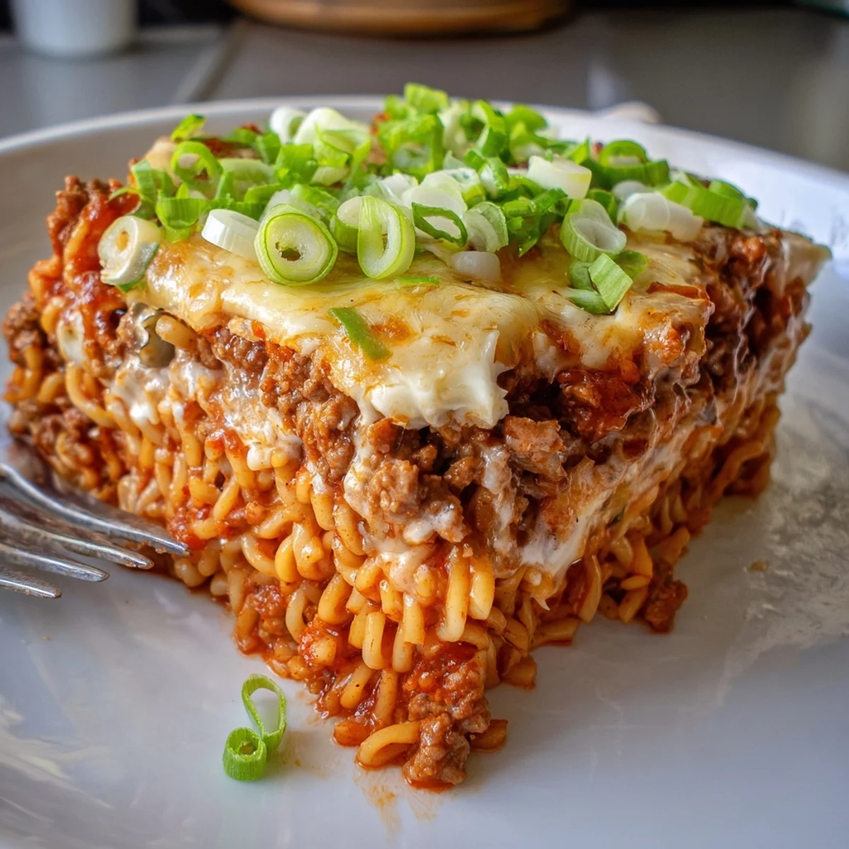 Spicy Ramen Lasagna served with bubbly cheese and vibrant garnishes for a comforting dinner.