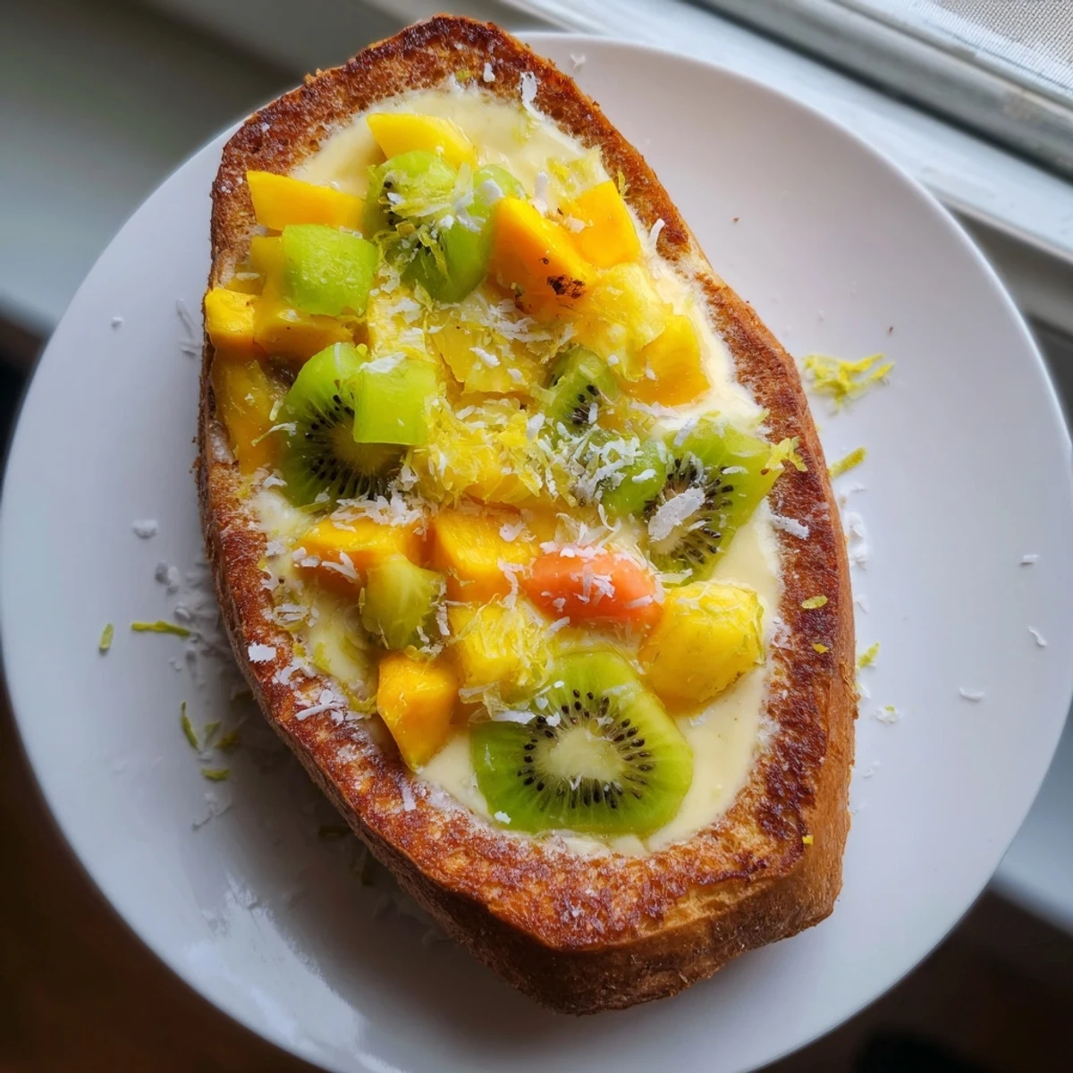 Vibrant Yogurt-Custard Toast bursting with tropical flavors and a golden crust  