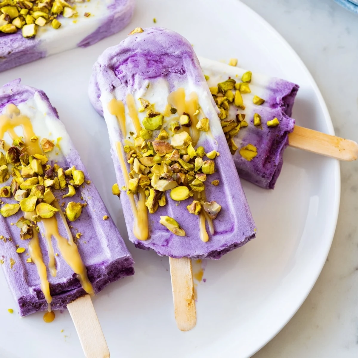 Creamy ube and pistachio ice cream bars on a rustic wooden table.