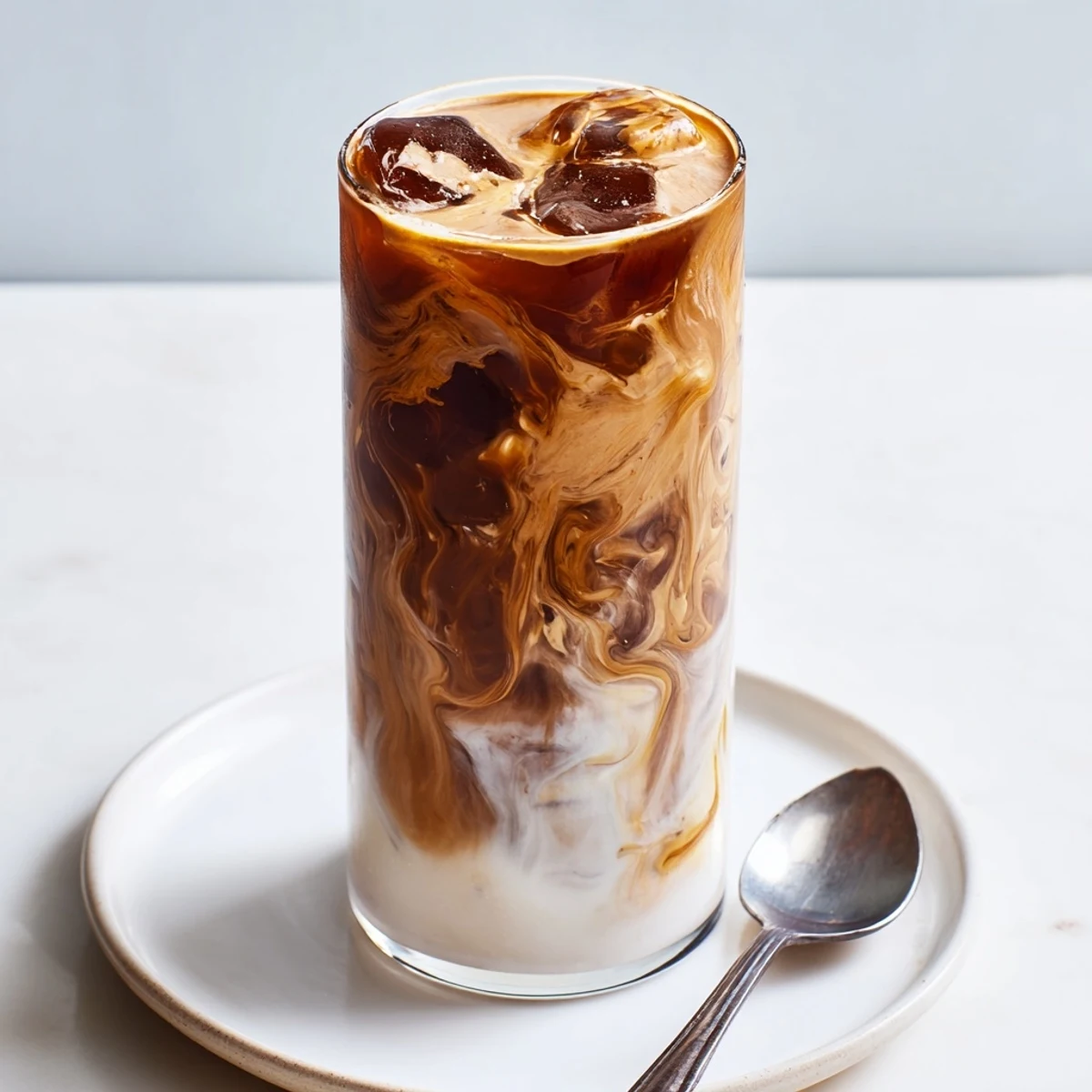 Rich tahini iced coffee topped with frothy milk and ice cubes, perfect for summer.  